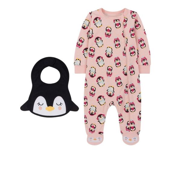 Koala Baby Girls Quilted Penguin Sleep and Play Footie with Bib, 2 Piece Set - P - Picture 1 of 3